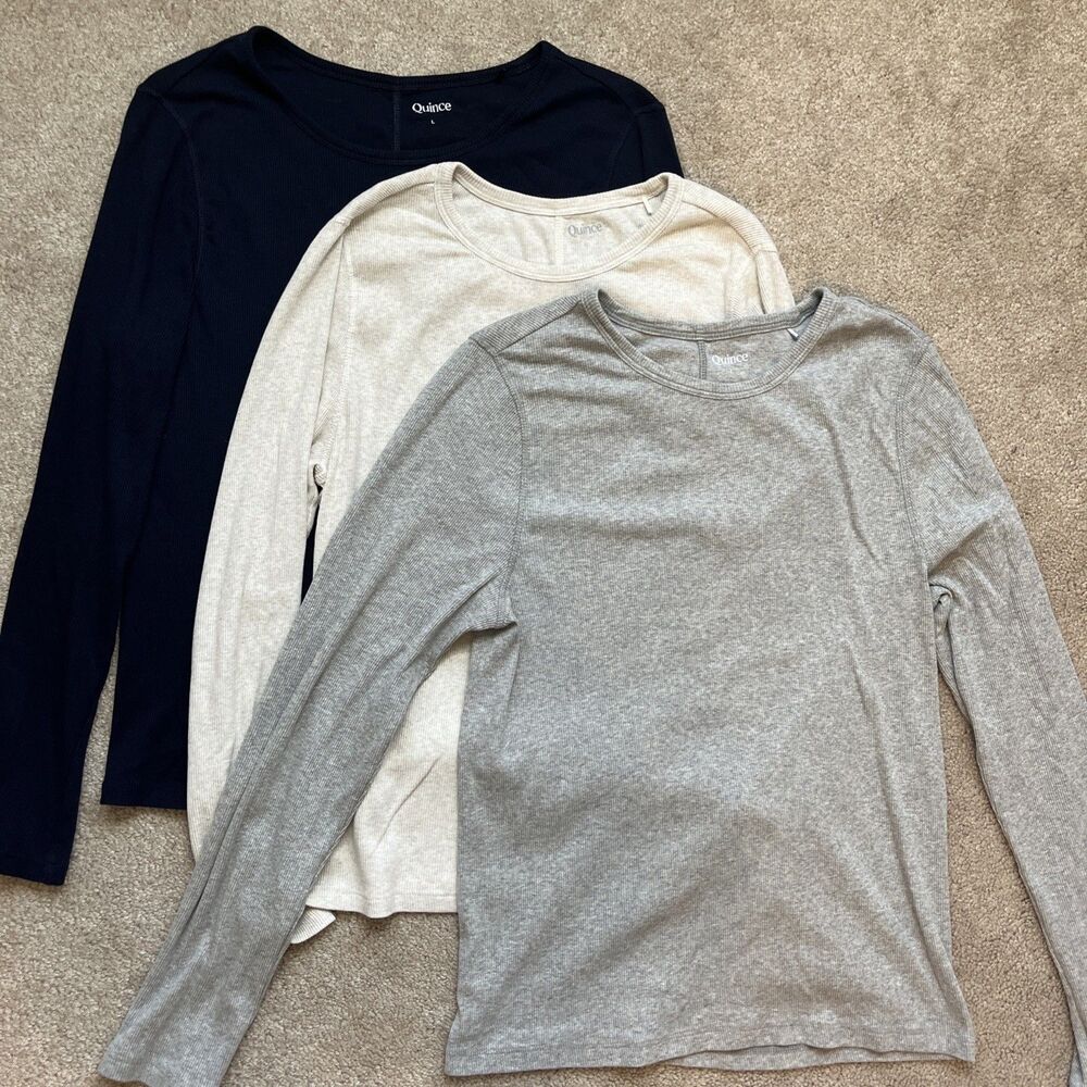 Quince T-Shirt LOT of 3 Womens Large Organic Cotton Micro-Rib Long Sleeve Preppy